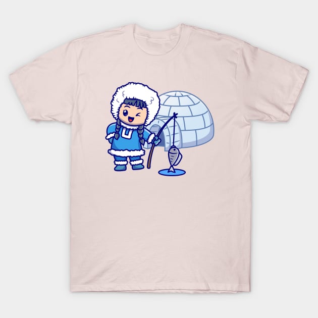 Cute Girl Fishing In Pole Cartoon T-Shirt by Catalyst Labs